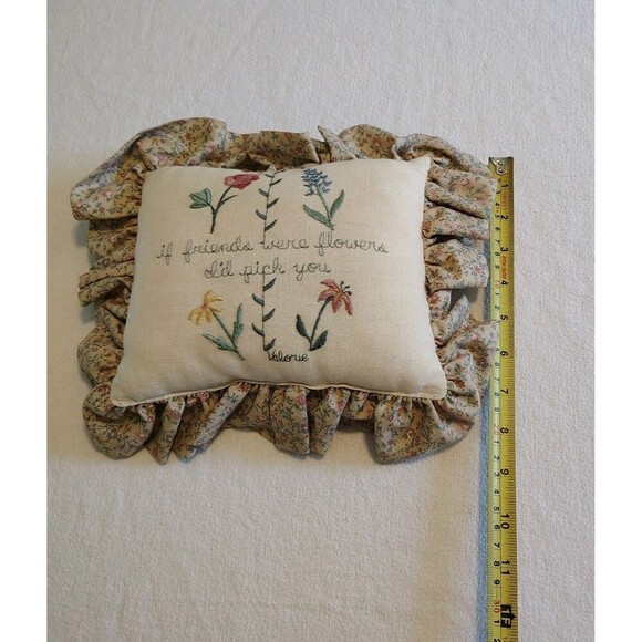 Vtg 90s Embroidered Ruffle FRIENDS Throw Pillow Cream Cottagecore Flowers Floral - Picture 2 of 5